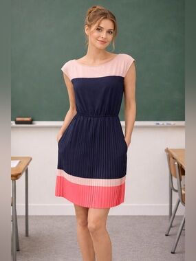 American Eagle Outfitters Navy, Light Pink & Coral Pleated Midi Dress